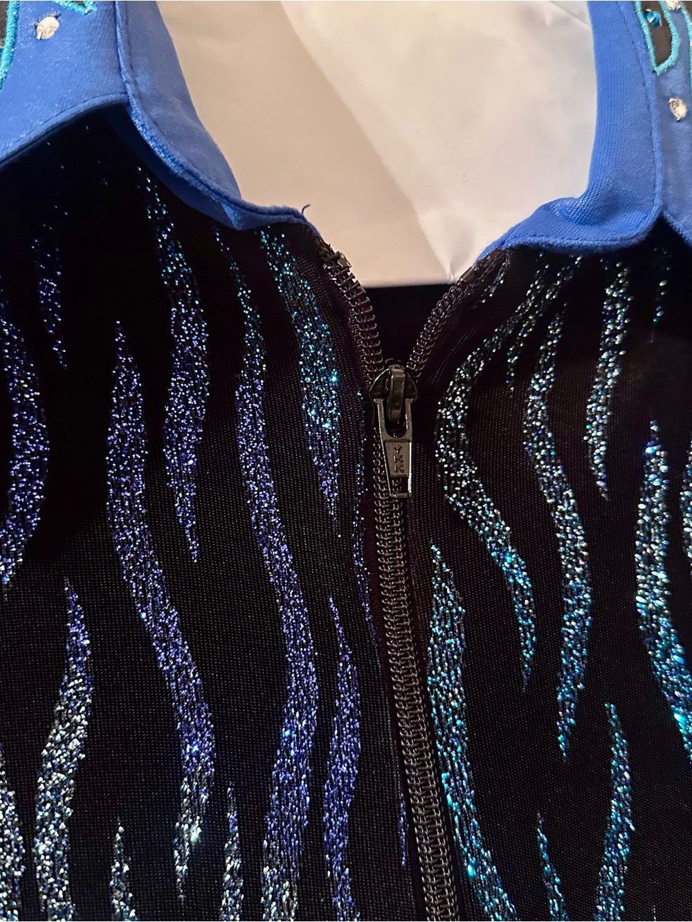 Lightweight Cobalt Blue & Black Embellished Zippered Jacket w/ Decorative Collar - Picture 5 of 6